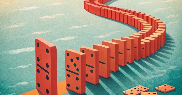 Longue file de dominos orange qui tombent l'un après l'autre sans intervention, image des agents IA autonomes