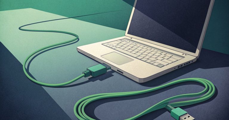 Ordinateur portable relie par des cables verts