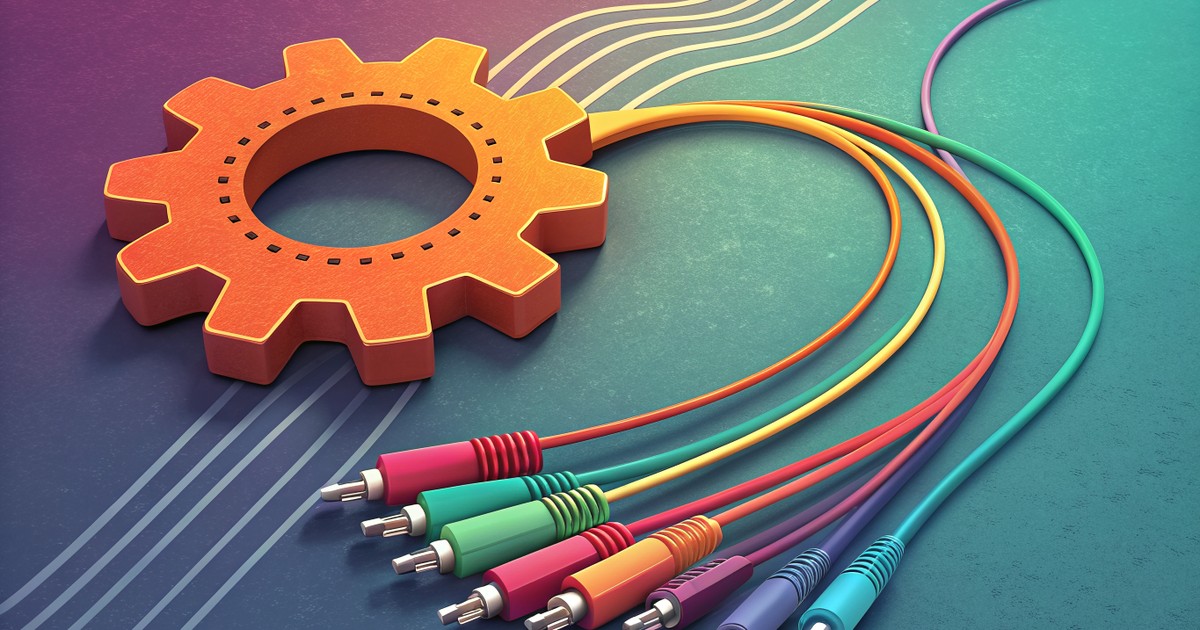 Illustration d'un engrenage orange d'où partent des câbles colorés, comme des connexions entre applications