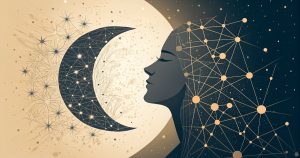 Illustration abstraite d'une lune stylisée se dissolvant en réseau de neurones, charbon et ivoire