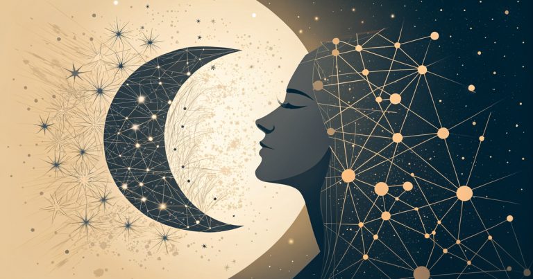 Illustration abstraite d'une lune stylisée se dissolvant en réseau de neurones, charbon et ivoire