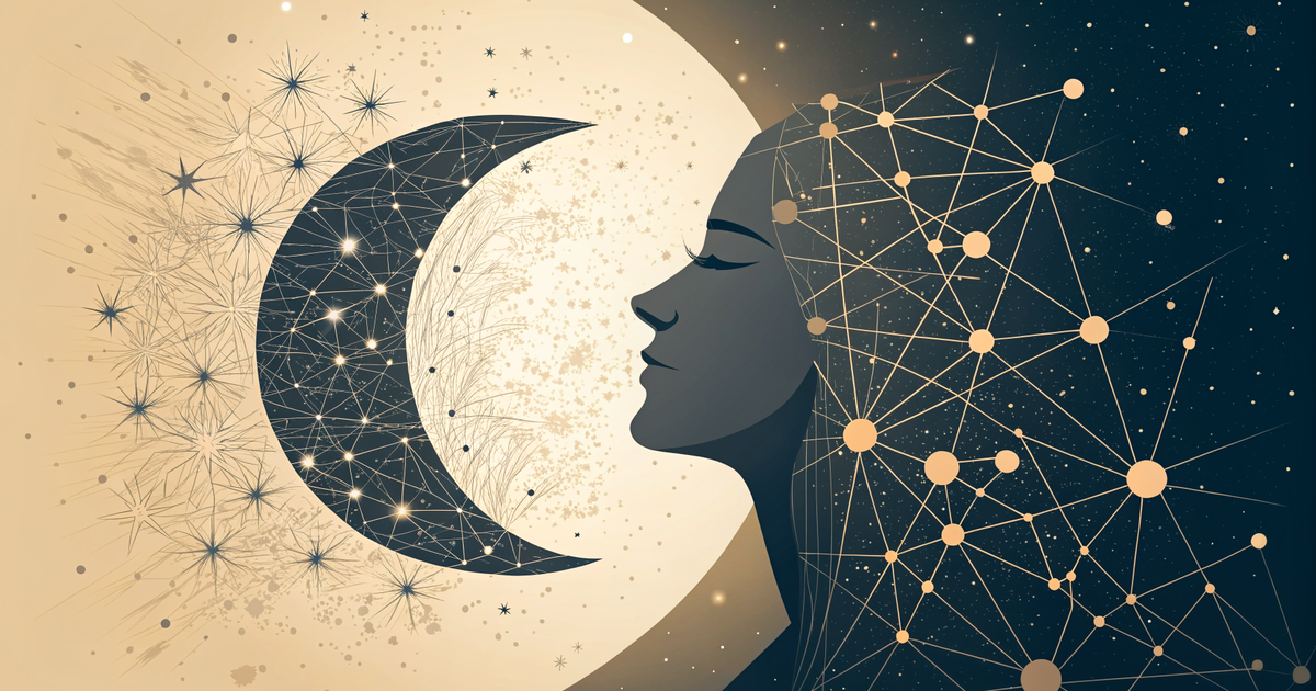 Illustration abstraite d'une lune stylisée se dissolvant en réseau de neurones, charbon et ivoire