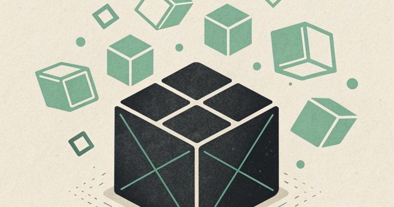Illustration abstraite : cube sombre entoure de blocs de code, evoquant l'assistant de code Blackbox AI