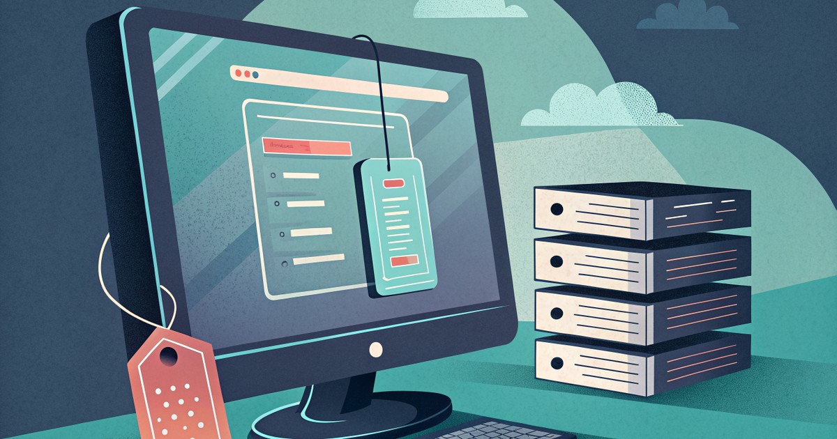 Illustration : fenetre de terminal affichant du code, etiquette de prix et pile de serveurs