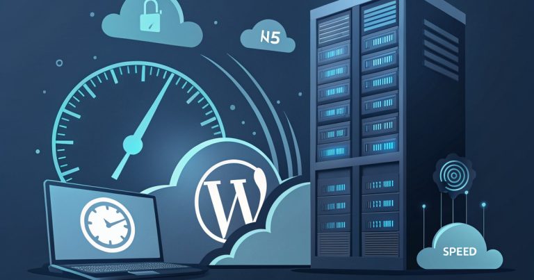 Rack de serveurs, jauge de vitesse et logo WordPress illustrant l hebergement Hostinger