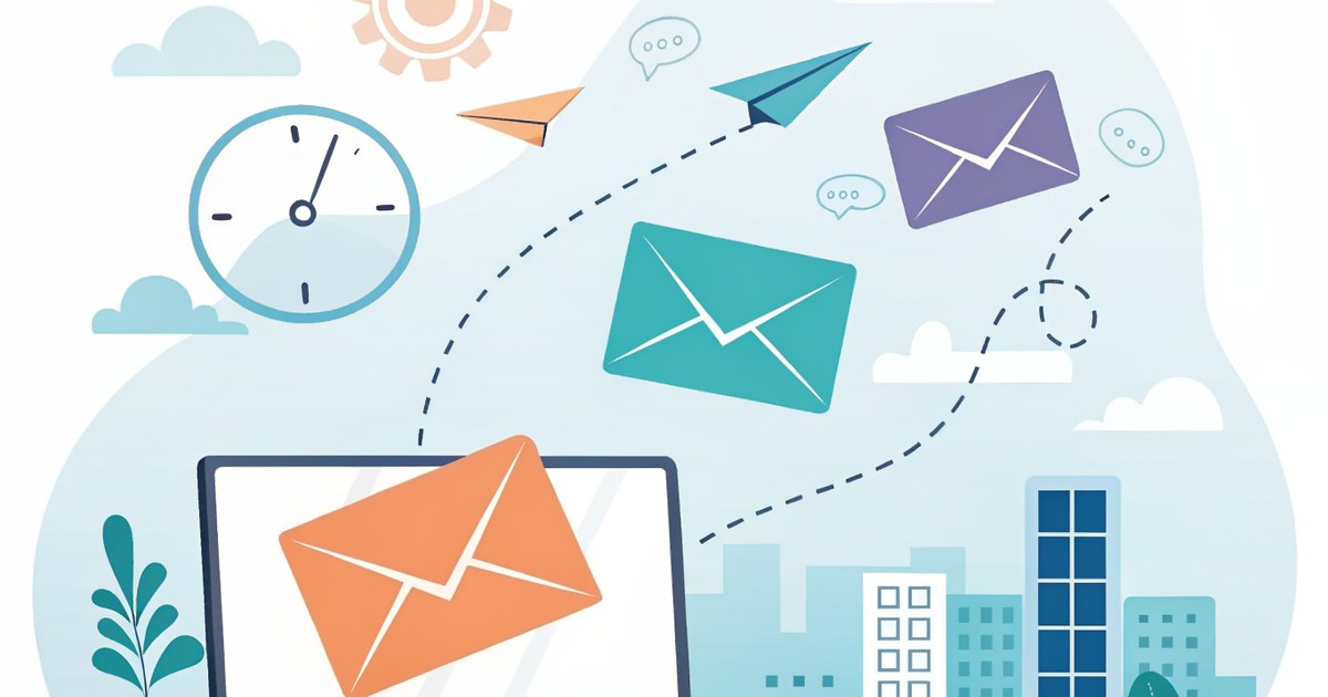 Illustration d un ordinateur portable d ou s envolent des enveloppes colorees, celle du premier plan en orange
