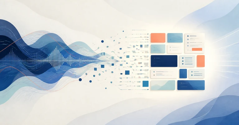 Illustration abstraite d’un flux audio transformé en notes structurées