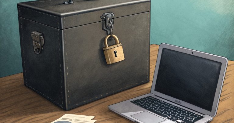 Boîte noire fermée par un cadenas en laiton, à côté d’un ordinateur portable