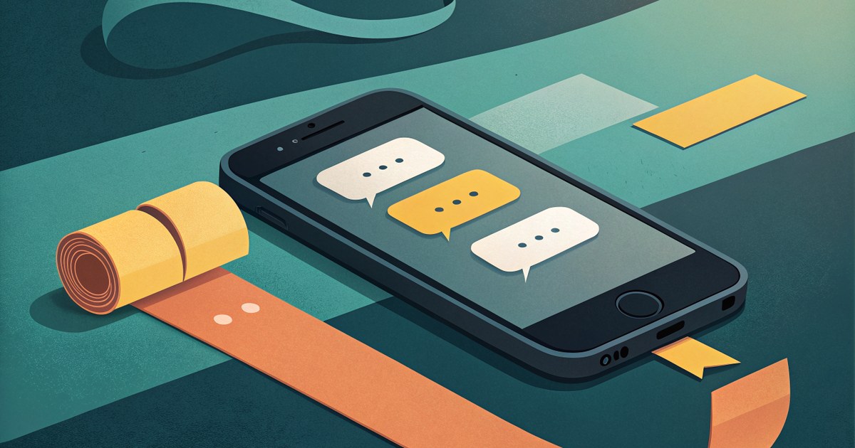 Smartphone posé à plat affichant une conversation, un encart jaune et une bande orange qui se déroule