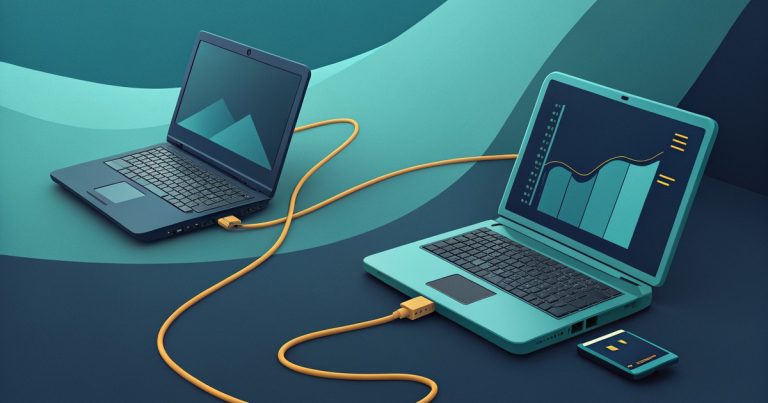 Deux ordinateurs portables face a face relies par un cable