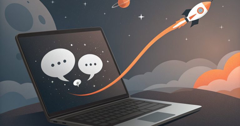 Ordinateur portable affichant des bulles de conversation, une fusée sort de l'écran