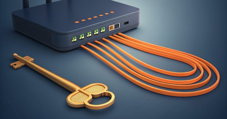 Illustration d'un routeur relié par six câbles orange et d'une clé dorée, pour OpenRouter