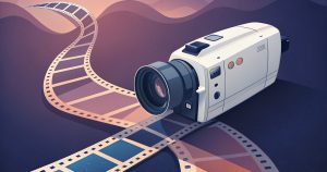 Caméscope blanc d'où sort une bande de film, illustration de PixVerse AI