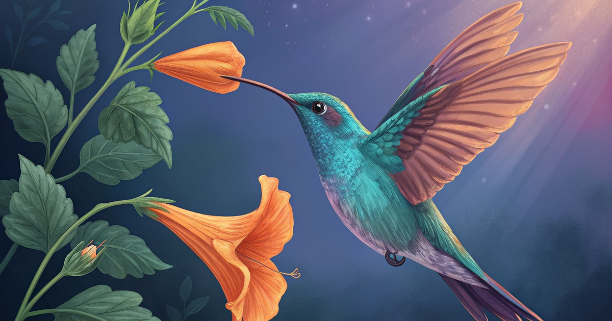 Colibri en vol devant une fleur orange, illustration de Claude Haiku 5.5
