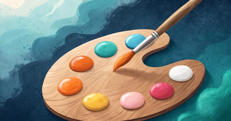Palette de peintre en bois avec des touches de peinture colorées et un pinceau, illustration de l'article sur Krea AI