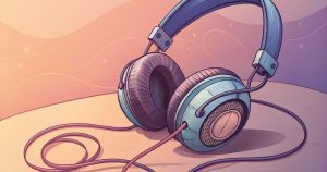 Casque audio sur fond violet et pêche, illustration de la voix open source de Kyutai
