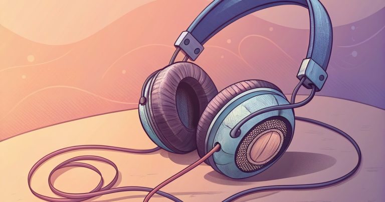 Casque audio sur fond violet et pêche, illustration de la voix open source de Kyutai