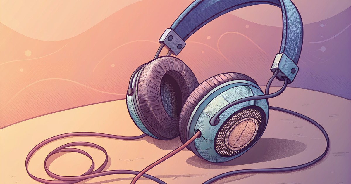 Casque audio sur fond violet et pêche, illustration de la voix open source de Kyutai