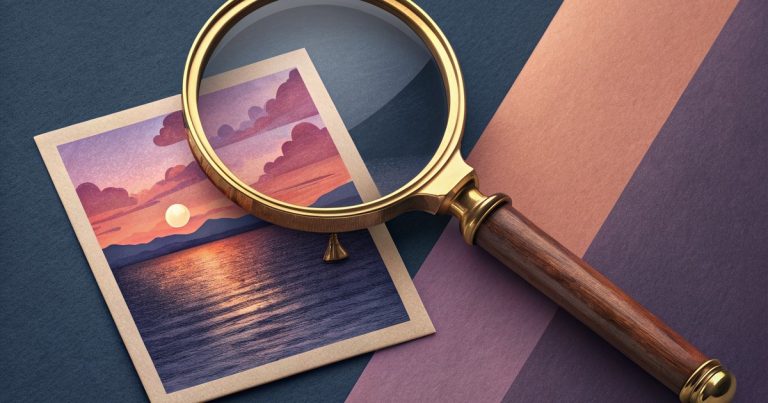 Loupe en laiton agrandissant une photo de coucher de soleil