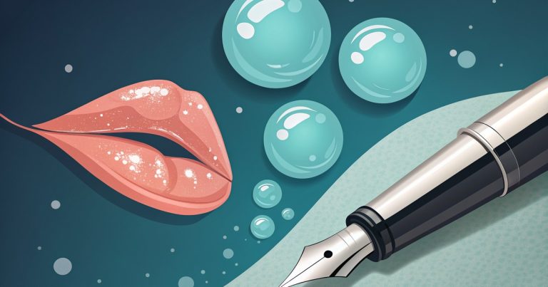 Lèvres d'où s'échappent des sphères vers un stylo-plume, illustration de la dictée Wispr Flow
